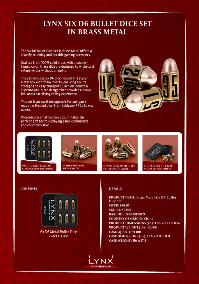 Six D6 Bullet Dice Set in Brass Metal